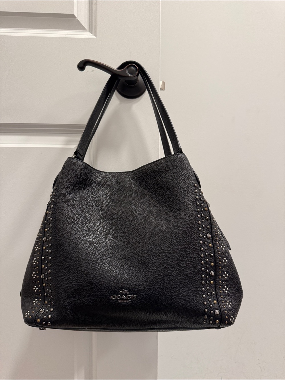 Coach Edie 31 bandana rivets shoulder bag purse tassle metal hangtag